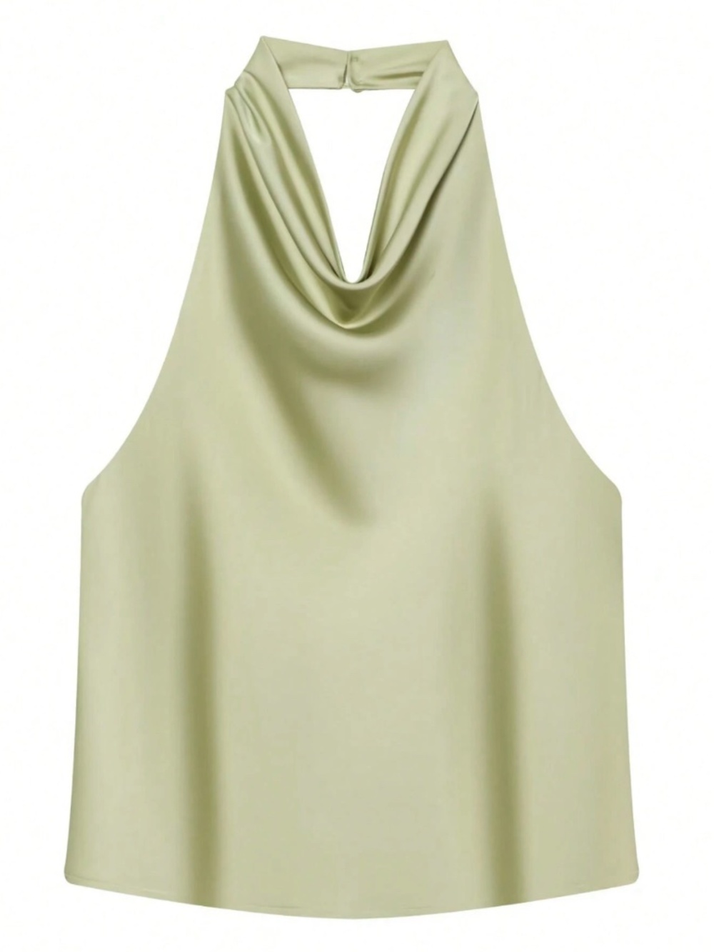 Green Satin Cowl Halter Draped Neck Low Back Blouse Top - Picture 5 of 7